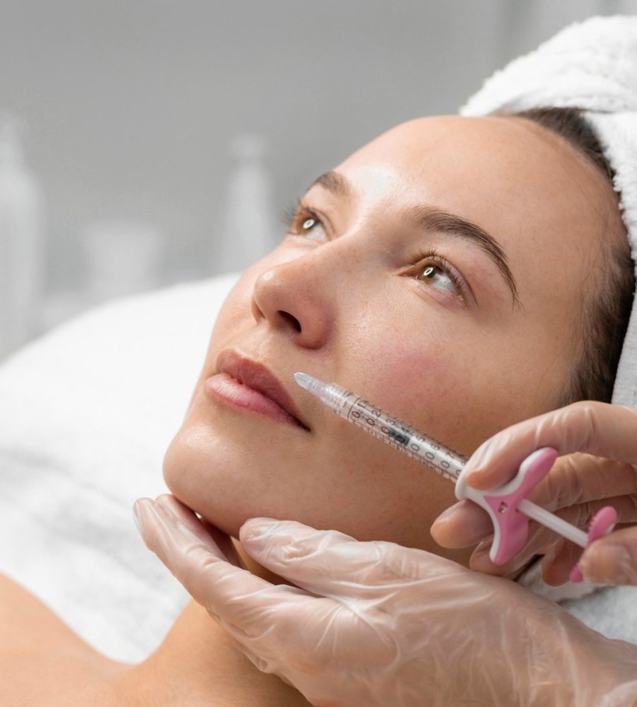 An injectable treatment being given to a patient's cheek by a gloved practitioner