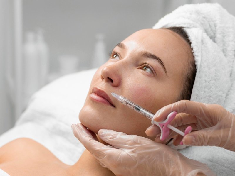 A syringe of filler being placed in a patient's cheek