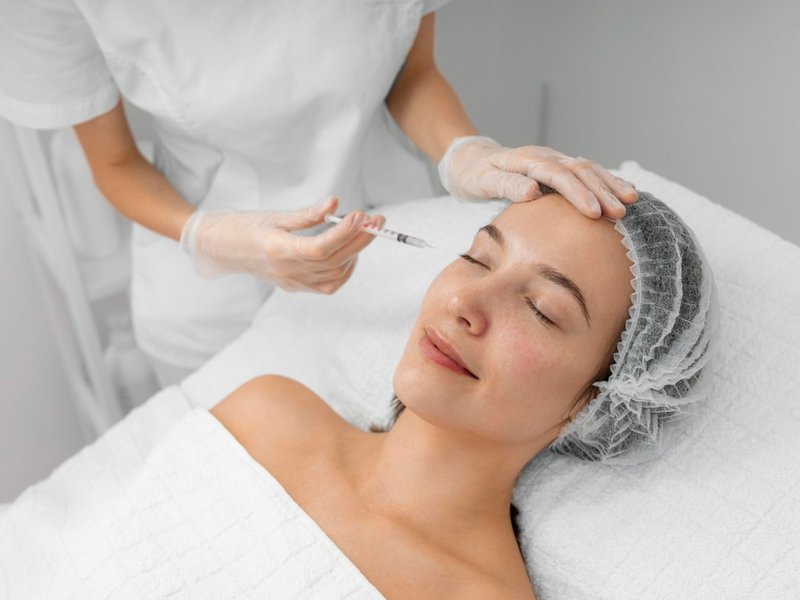 A practitioner giving a fine needle treatment to a patient's face